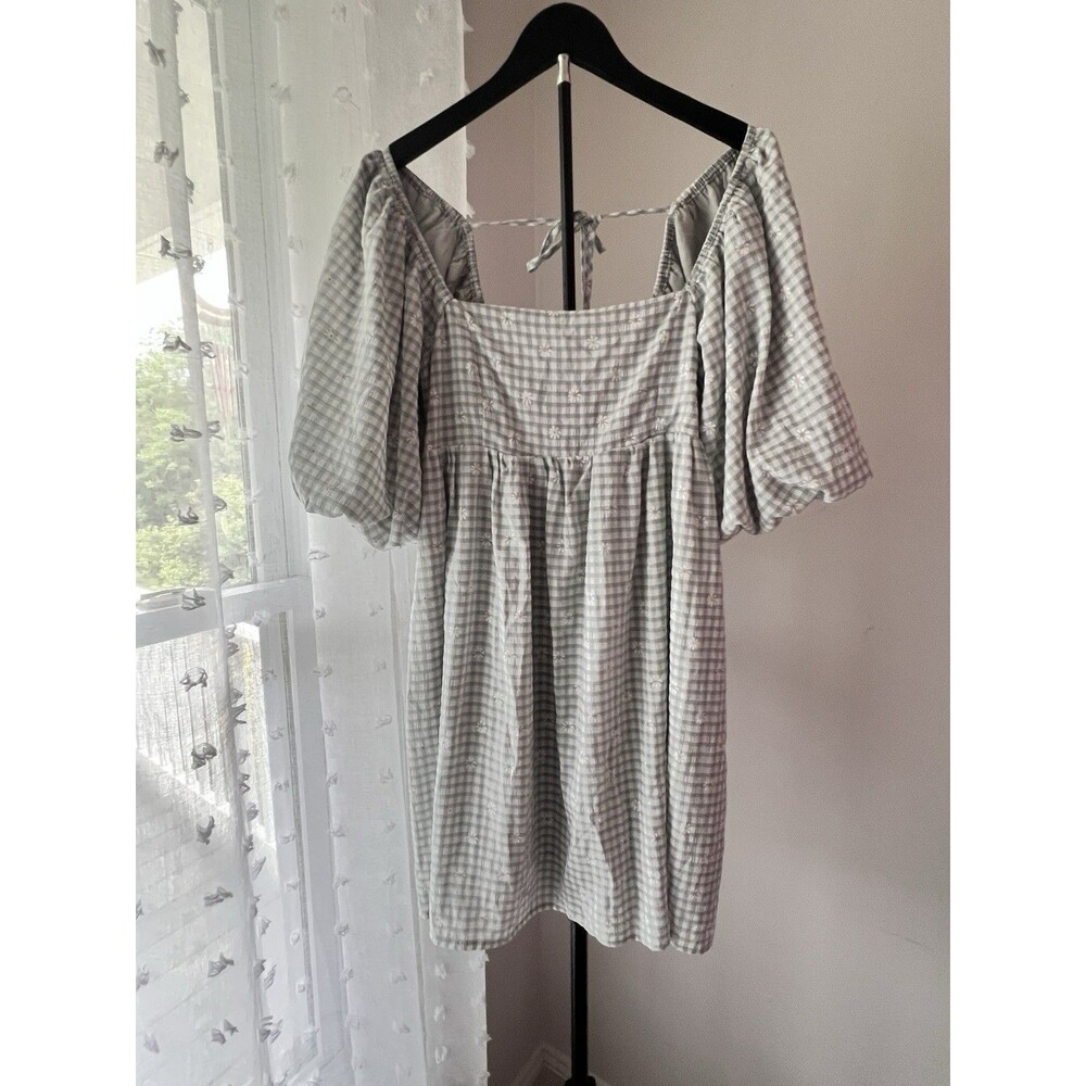 Womens Alter’d State Large CottageCore Gray Gingham Daisy Puff Sleeve Dress NEW￼